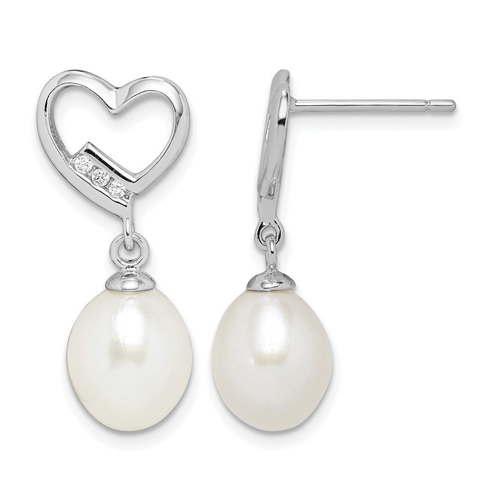 Sterling Silver Rhodium-plated 7-8mm Rice FWC Pearl CZ Heart Earrings