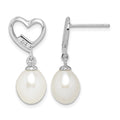 Sterling Silver Rhodium-plated 7-8mm Rice FWC Pearl CZ Heart Earrings