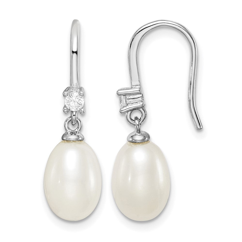 Sterling Silver Rhodium-plated 7-8mm FWC Pearl & CZ Dangle Earrings