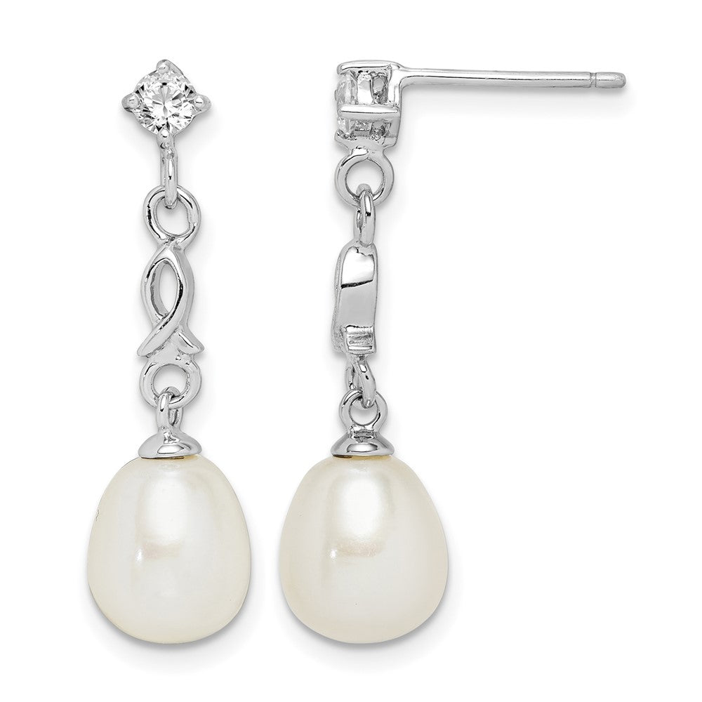 Sterling Silver Rhodium-plated 7-8mm White Rice FWC Pearl CZ Earrings