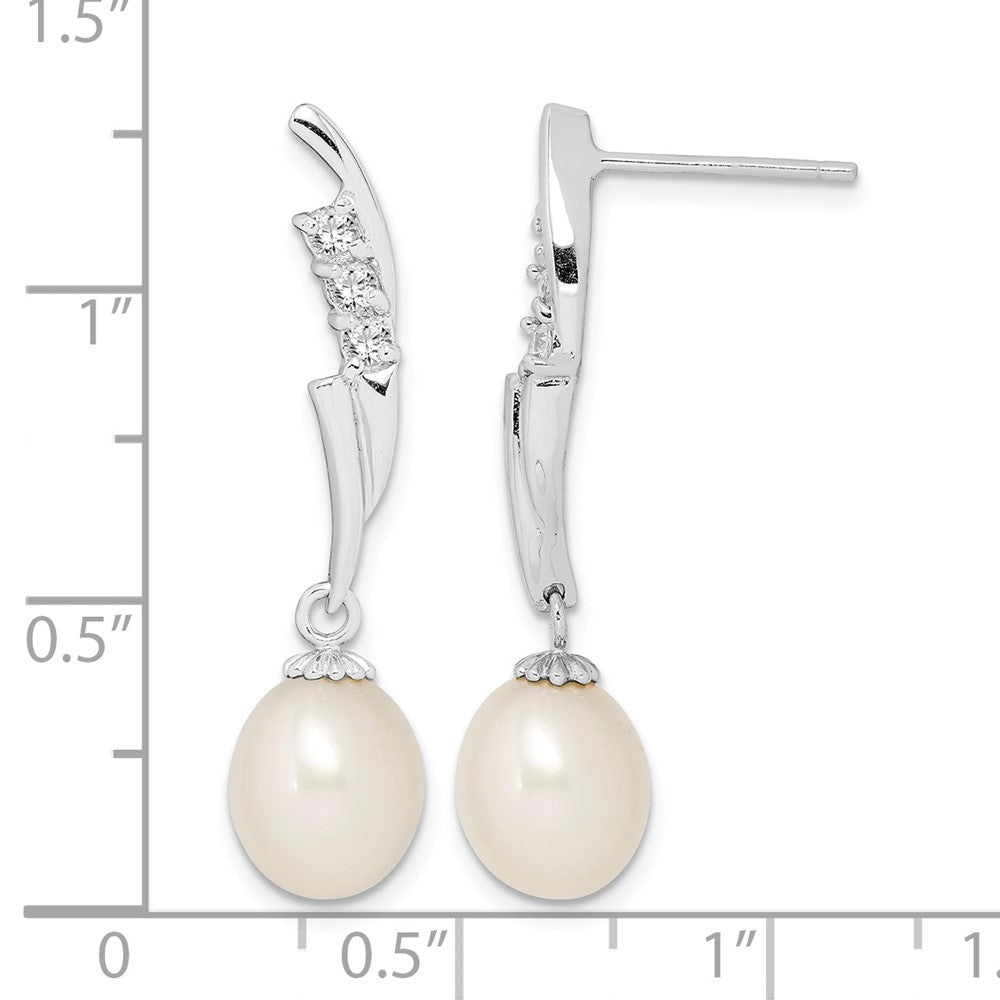Sterling Silver Rhodium-plated 7-8mm White Rice FWC Pearl CZ Earrings
