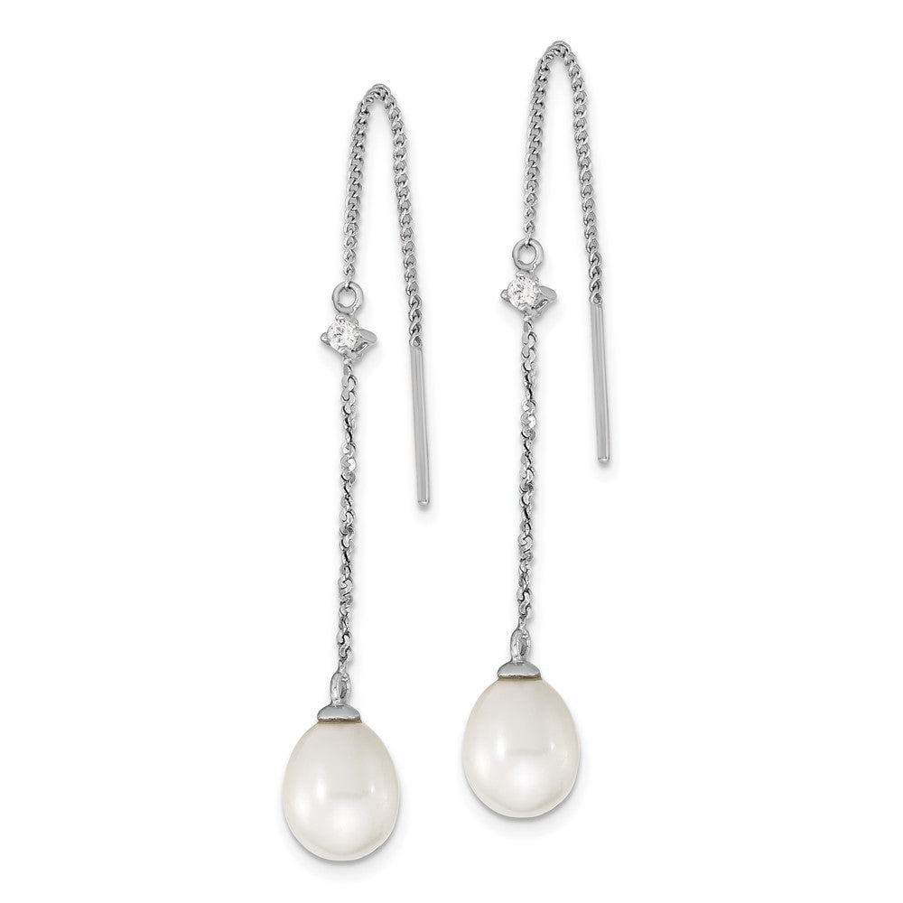 Sterling Silver RH-plated 7-8mm FWC Pearl & CZ Threader Earrings