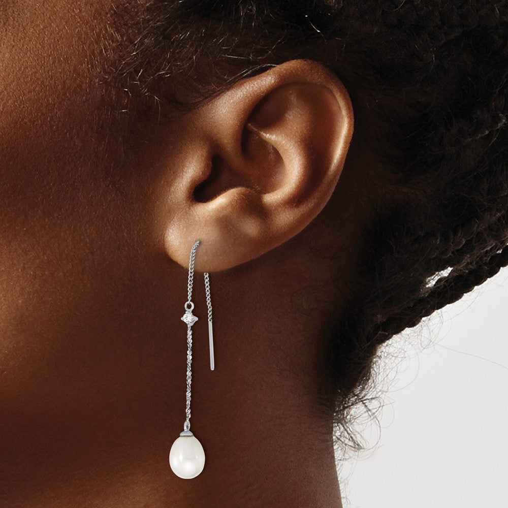 Sterling Silver RH-plated 7-8mm FWC Pearl & CZ Threader Earrings