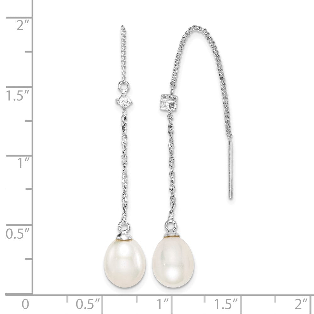 Sterling Silver RH-plated 7-8mm FWC Pearl & CZ Threader Earrings