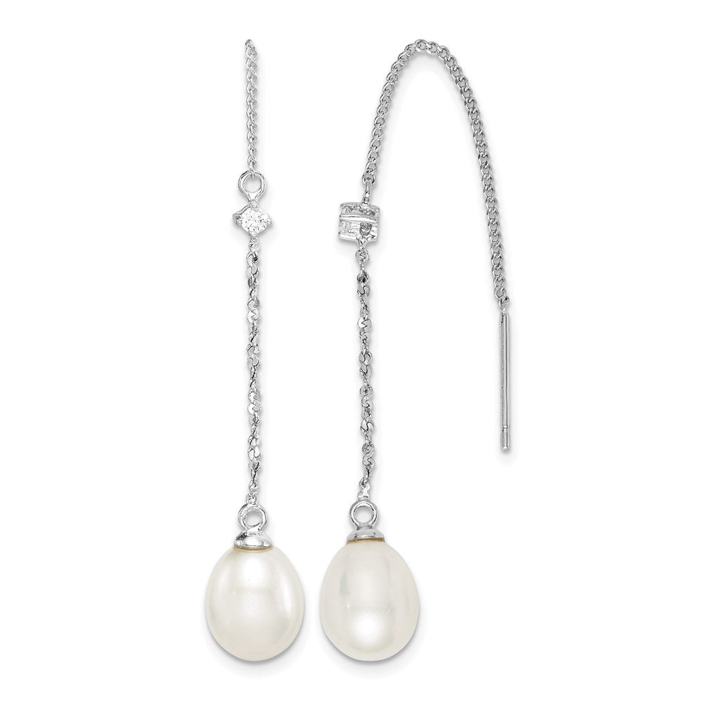 Sterling Silver RH-plated 7-8mm FWC Pearl & CZ Threader Earrings