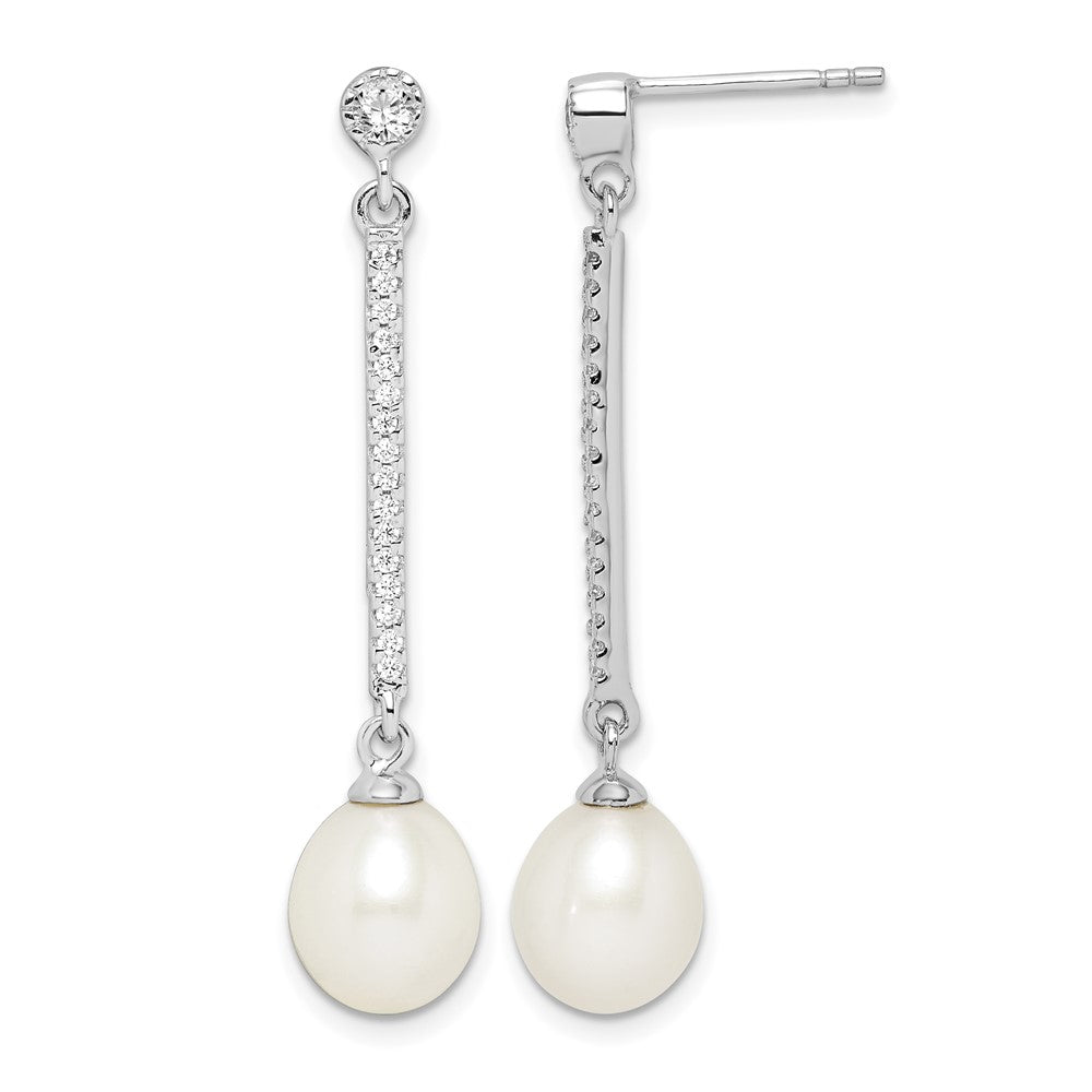 Sterling Silver Rhodium-plated 8-9mm White Rice FWC Pearl CZ Earrings