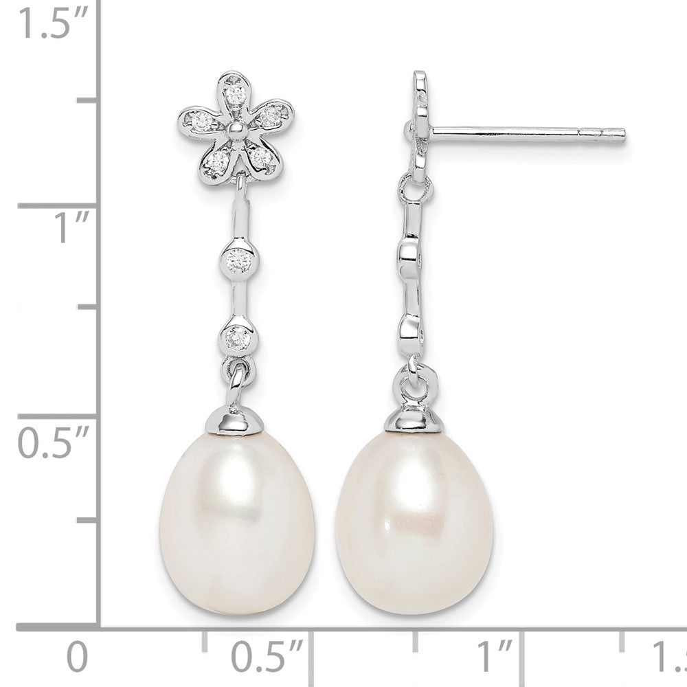 Sterling Silver Rhodium-plated 8-9mm White Rice FWC Pearl CZ Earrings