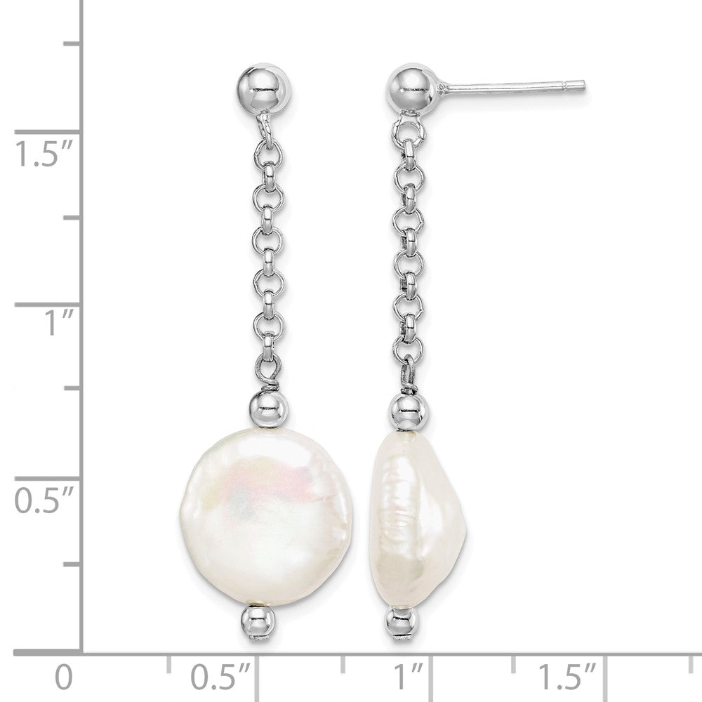 Sterling Silver Rhod-plated 12-13 Coin FWC Pearl Dangle Earrings