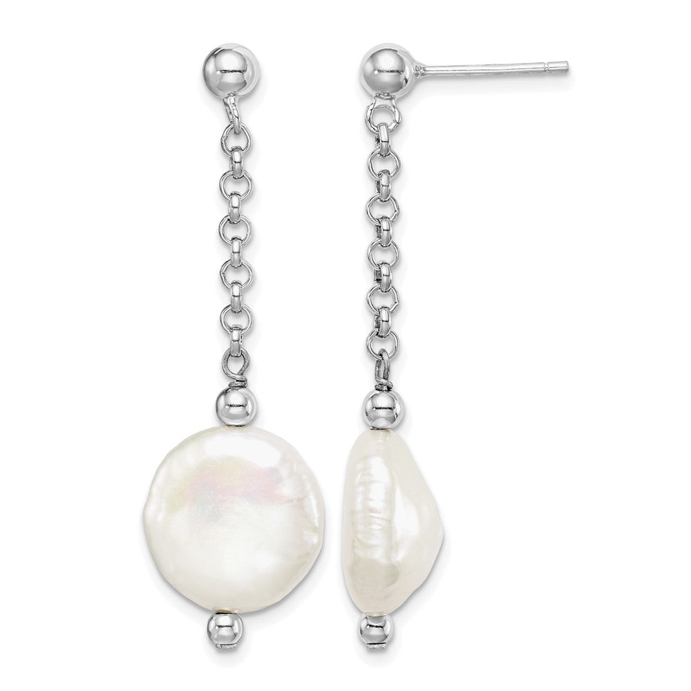 Sterling Silver Rhod-plated 12-13 Coin FWC Pearl Dangle Earrings