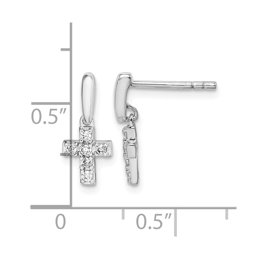 Sterling Silver Rhodium-plated Polished CZ Cross Post Dangle Earrings