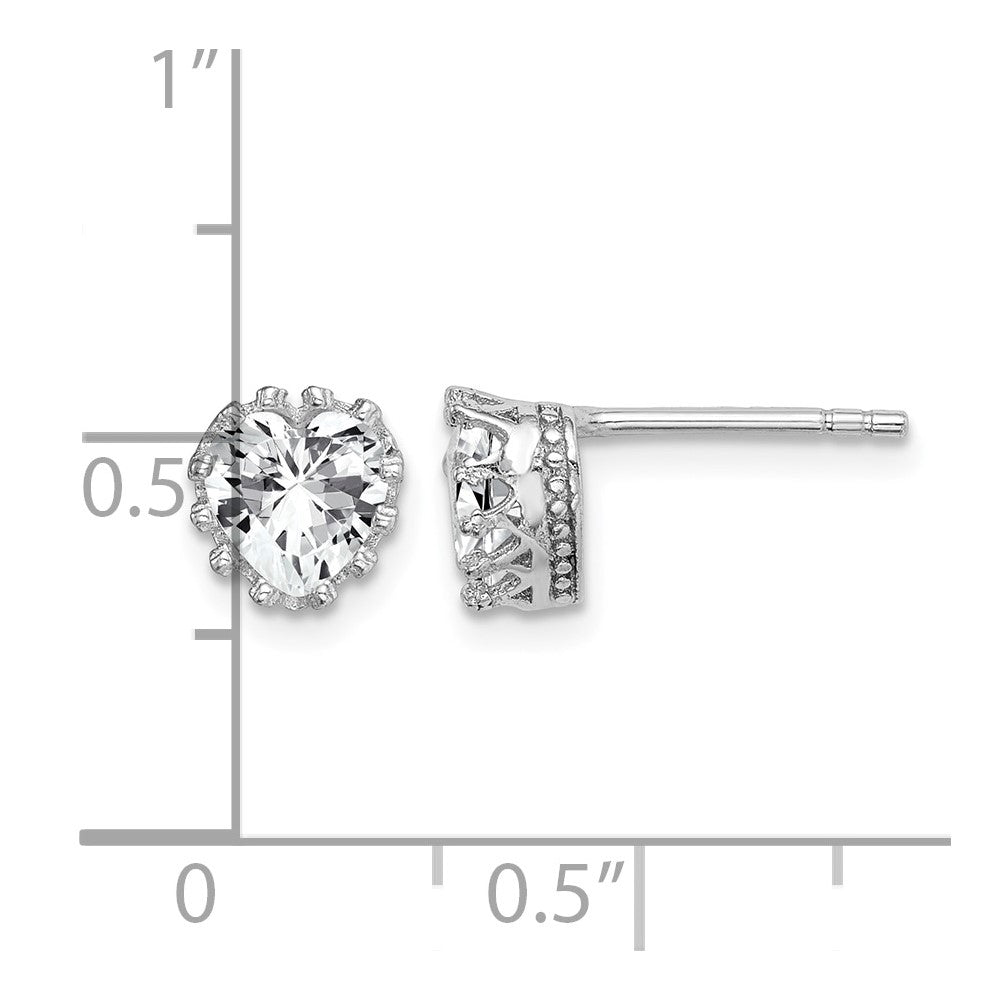 Sterling Silver RH-plated Polished & Textured 6mm Heart CZ Stud Earrings