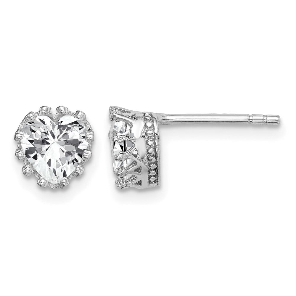 Sterling Silver RH-plated Polished & Textured 6mm Heart CZ Stud Earrings