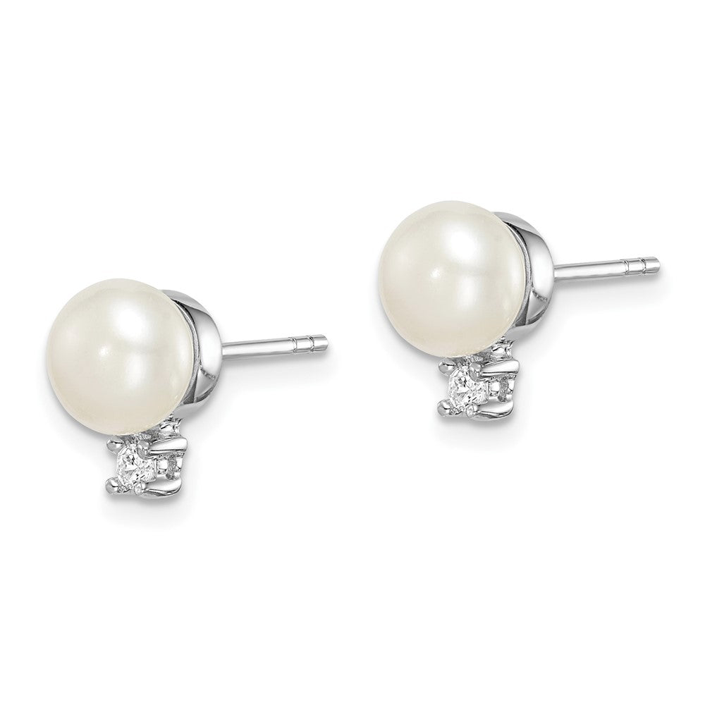Sterling Silver Rhod-plat 6-7mm White Button FWC Pearl CZ Earrings