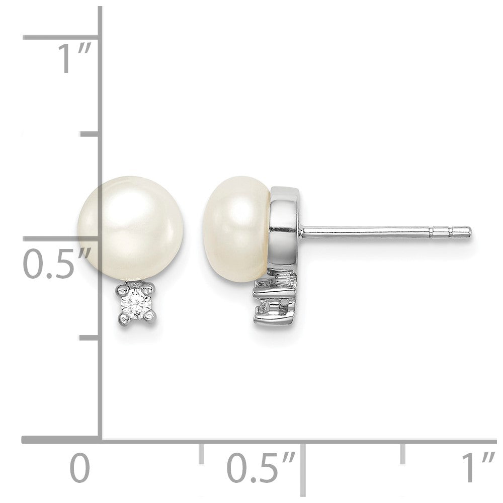Sterling Silver Rhod-plat 6-7mm White Button FWC Pearl CZ Earrings