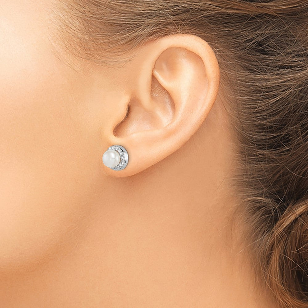 Sterling Silver Rhod-plat 7-8mm White Button FWC Pearl CZ Earrings