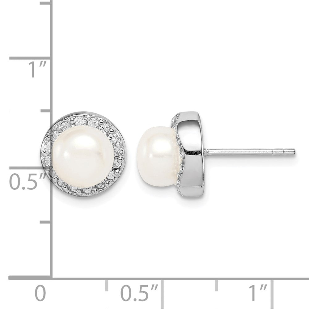 Sterling Silver Rhod-plat 7-8mm White Button FWC Pearl CZ Earrings