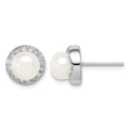 Sterling Silver Rhod-plat 7-8mm White Button FWC Pearl CZ Earrings
