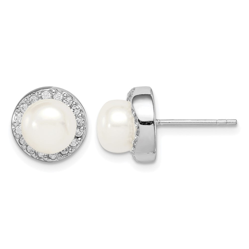 Sterling Silver Rhod-plat 7-8mm White Button FWC Pearl CZ Earrings