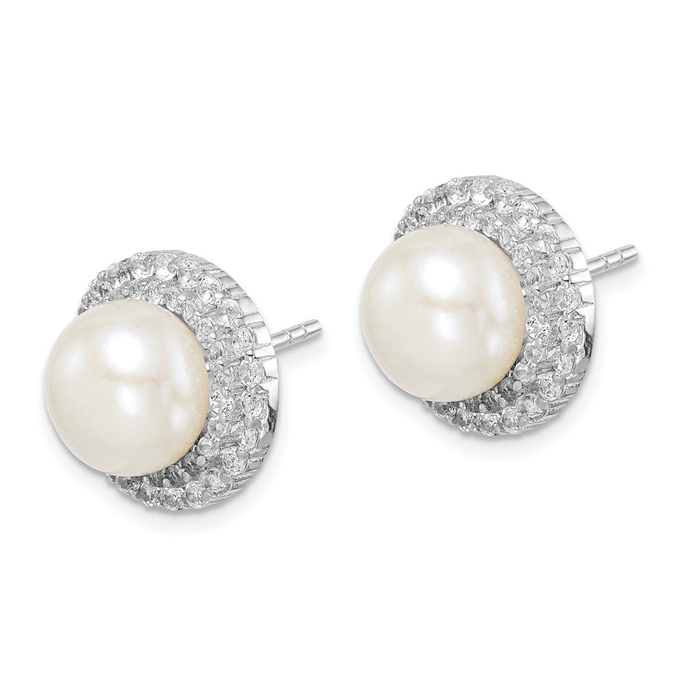 Sterling Silver Rhod-plat 8-9mm White Button FWC Pearl CZ Earrings