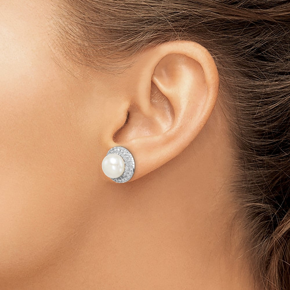 Sterling Silver Rhod-plat 8-9mm White Button FWC Pearl CZ Earrings