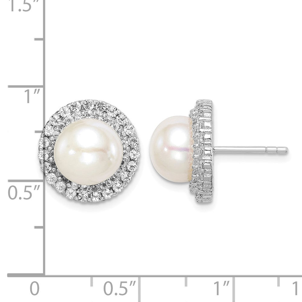Sterling Silver Rhod-plat 8-9mm White Button FWC Pearl CZ Earrings