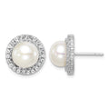 Sterling Silver Rhod-plat 8-9mm White Button FWC Pearl CZ Earrings