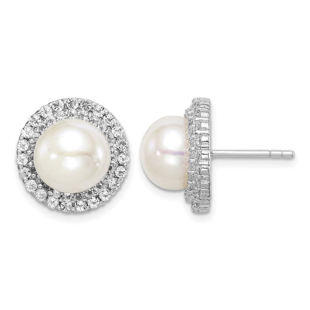 Sterling Silver Rhod-plat 8-9mm White Button FWC Pearl CZ Earrings