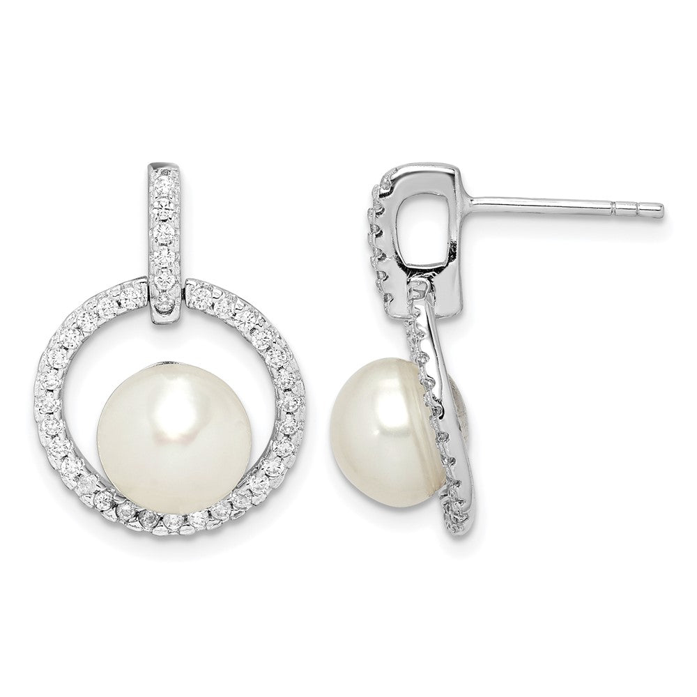 Sterling Silver Rhodium-plated 8-9mm White Button FWC Pearl CZ Earrings