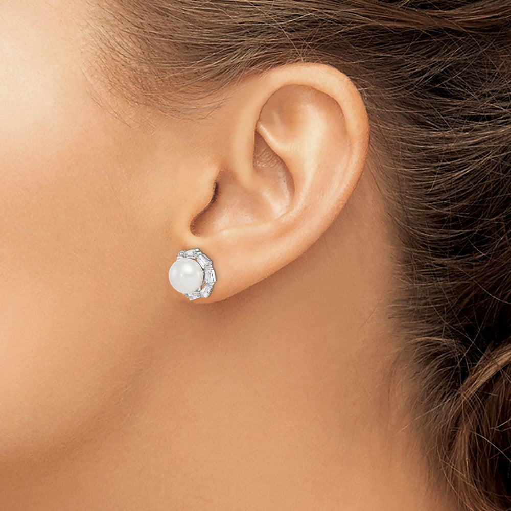 Sterling Silver Rhod-plat 8-9mm White Button FWC Pearl CZ Earrings