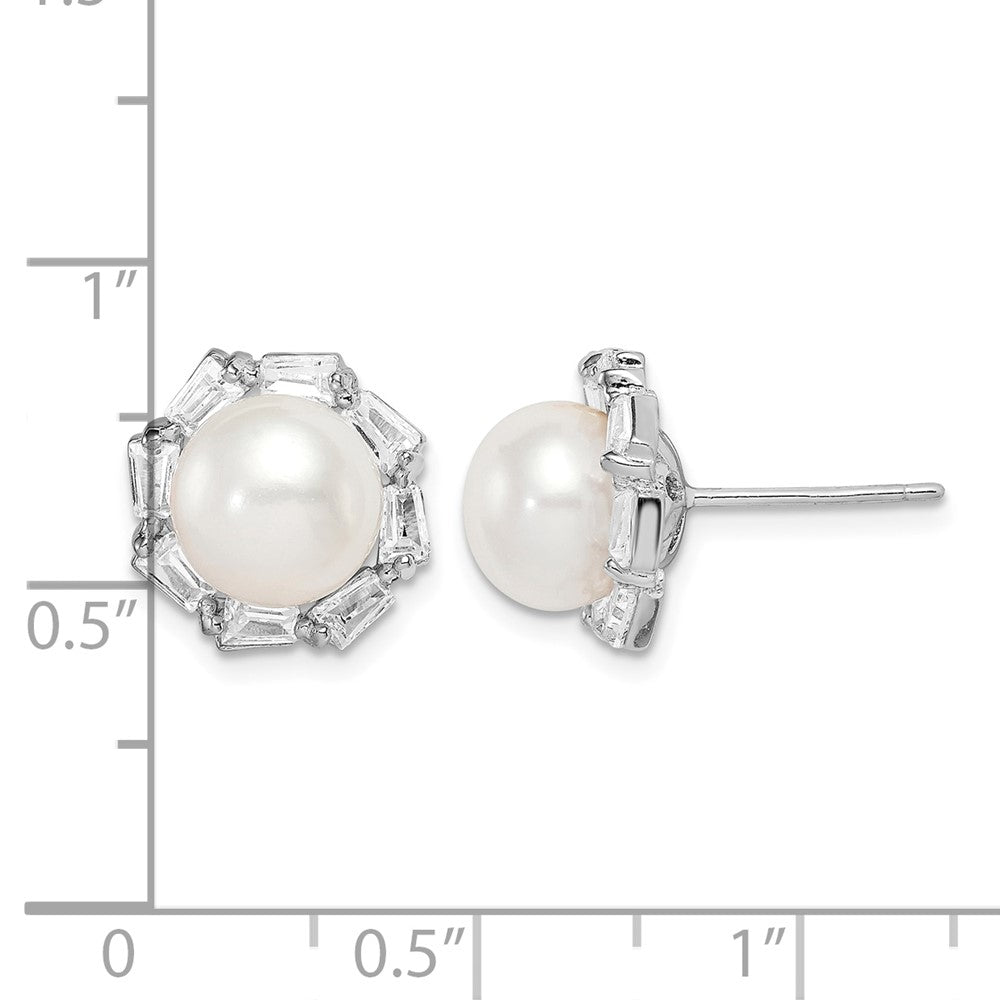 Sterling Silver Rhod-plat 8-9mm White Button FWC Pearl CZ Earrings