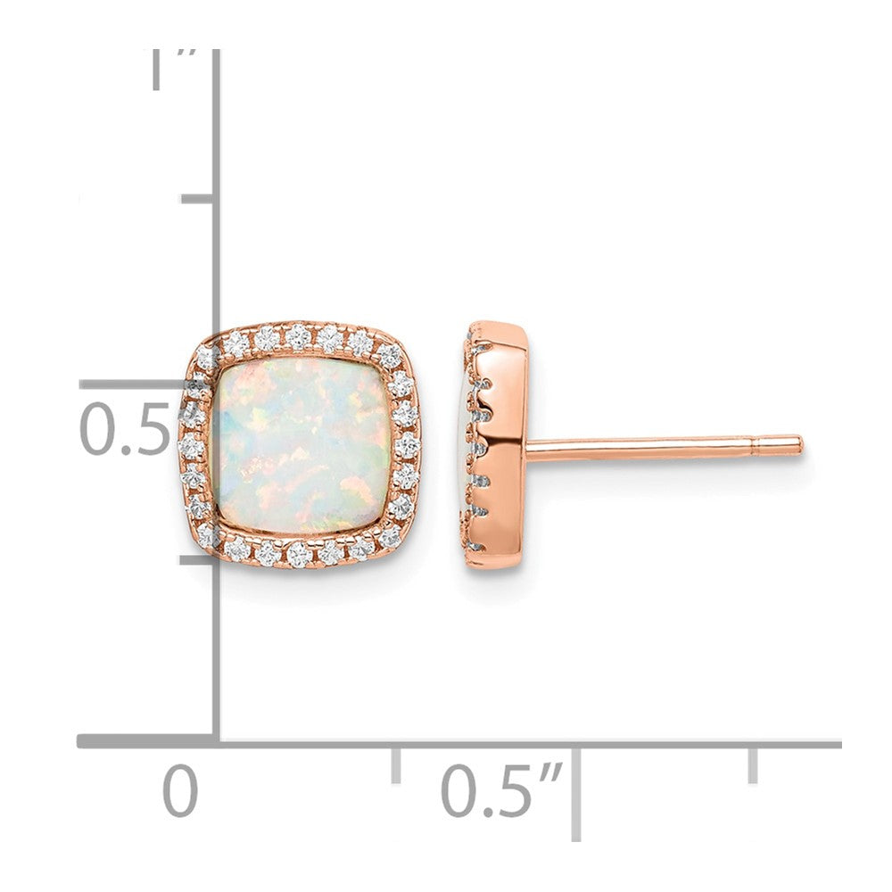 Sterling Silver Rose-Tone Created Opal & CZ Square Halo Post Earrings