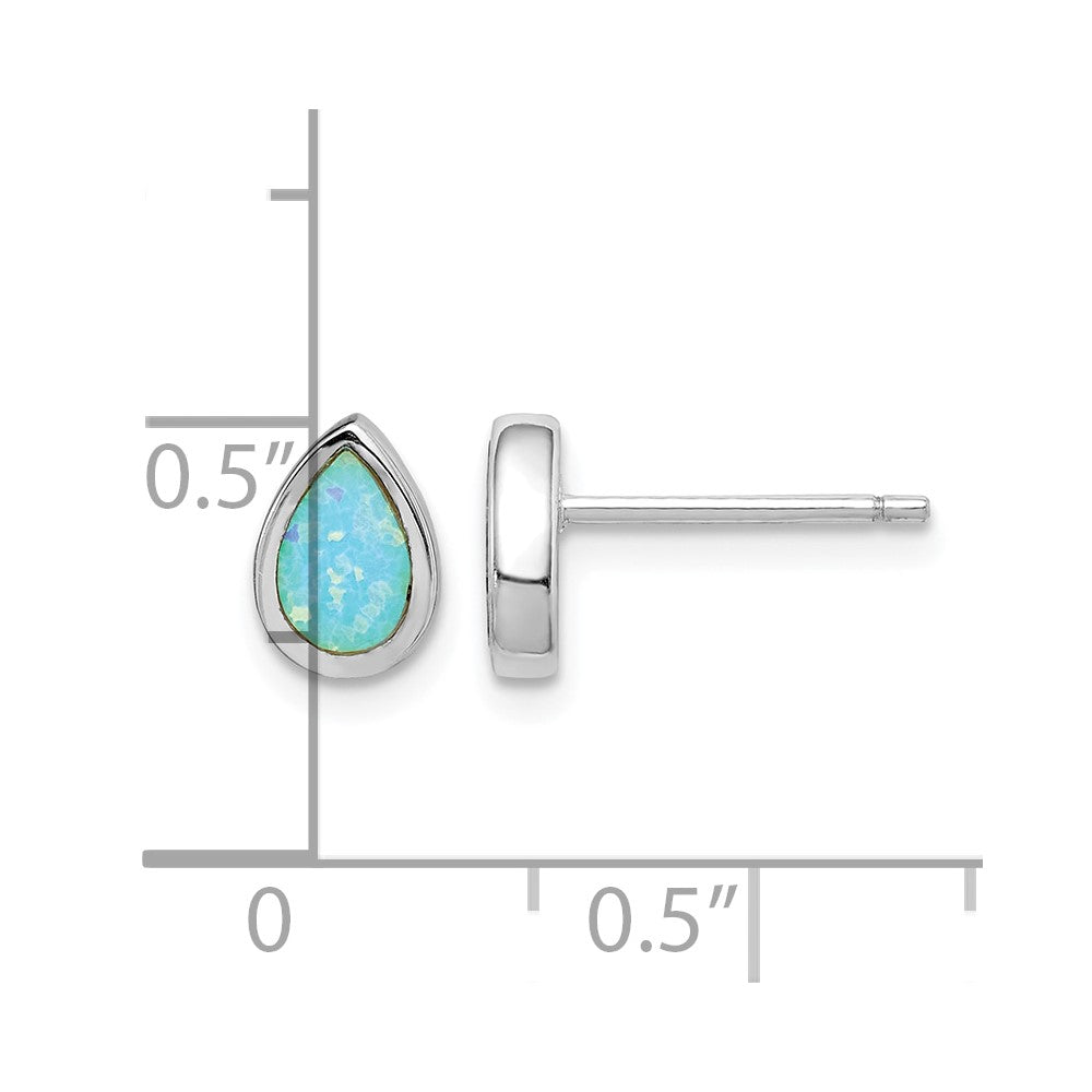 Sterling Silver RH-pltd Polished Blue Created Opal Teardrop Stud Earrings