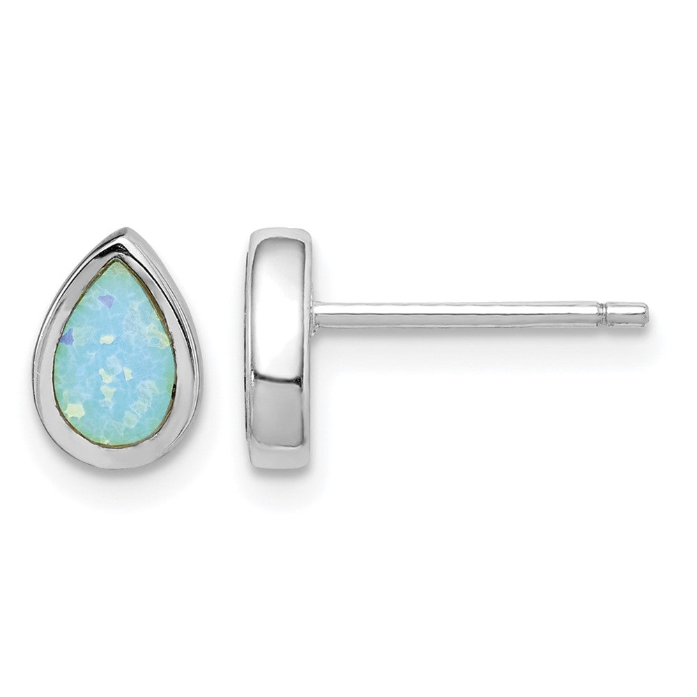 Sterling Silver RH-pltd Polished Blue Created Opal Teardrop Stud Earrings