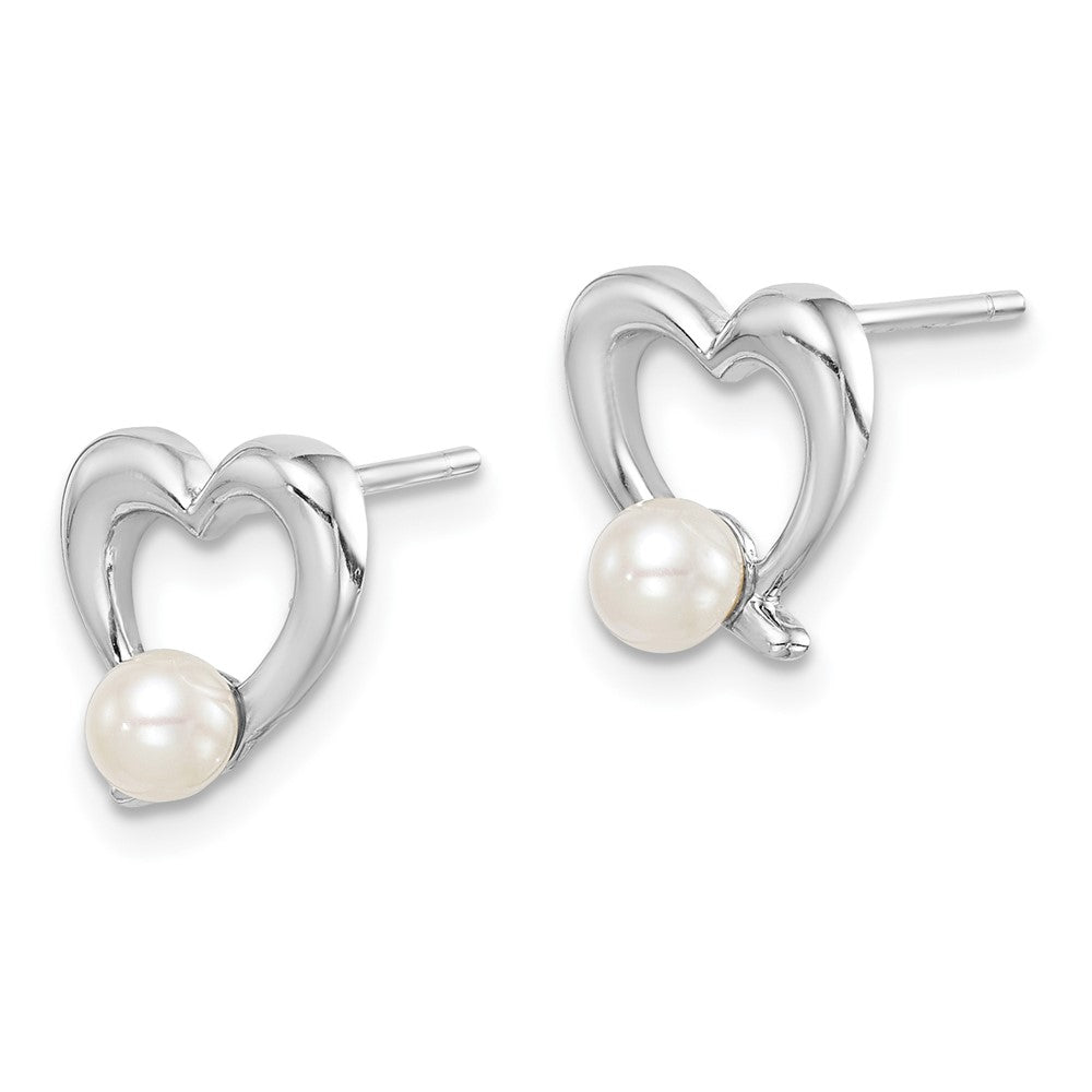 Sterling Silver Rhod-plat 3-4mm White Round FWC Pearl Heart Earrings