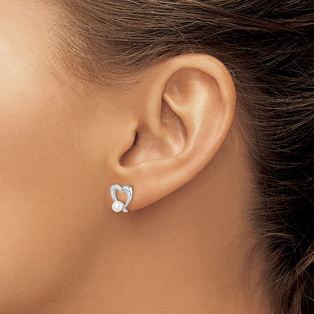 Sterling Silver Rhod-plat 3-4mm White Round FWC Pearl Heart Earrings