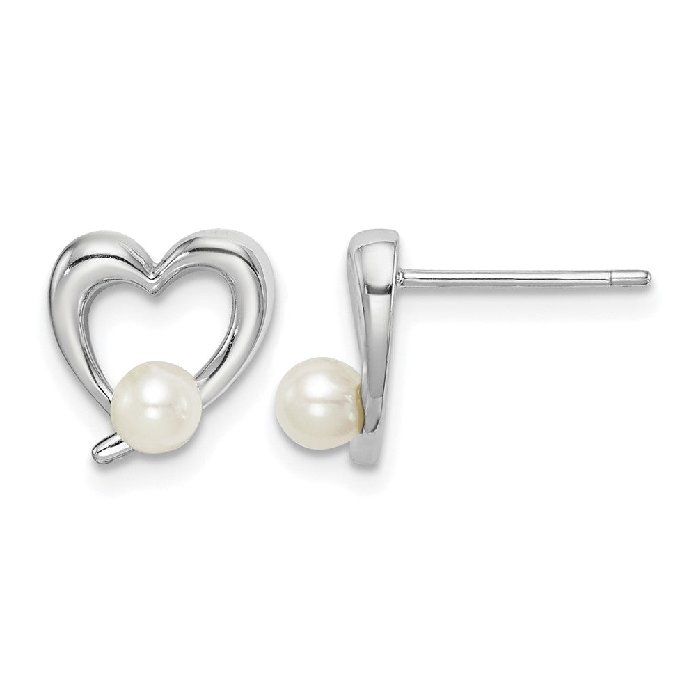 Sterling Silver Rhod-plat 3-4mm White Round FWC Pearl Heart Earrings