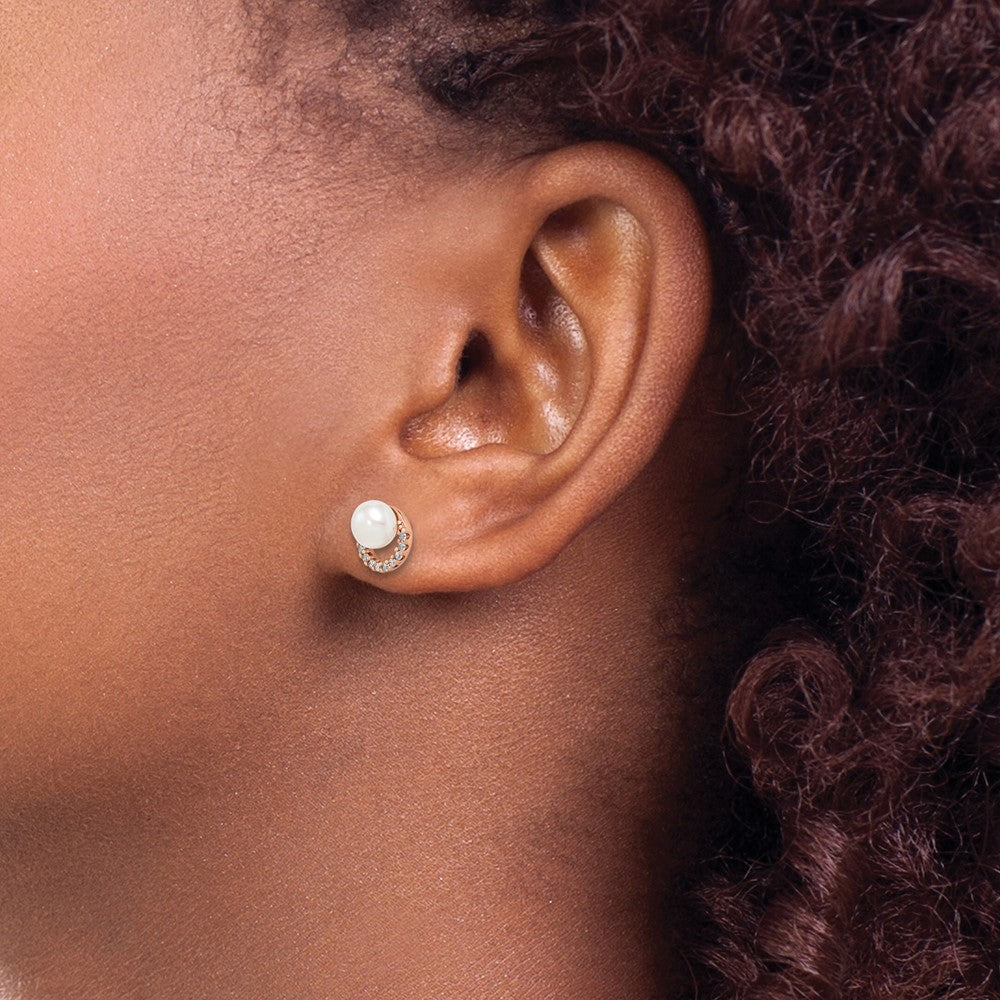 Sterling Silver Rose-tone w/ FW Cultured Pearl and CZ Earrings