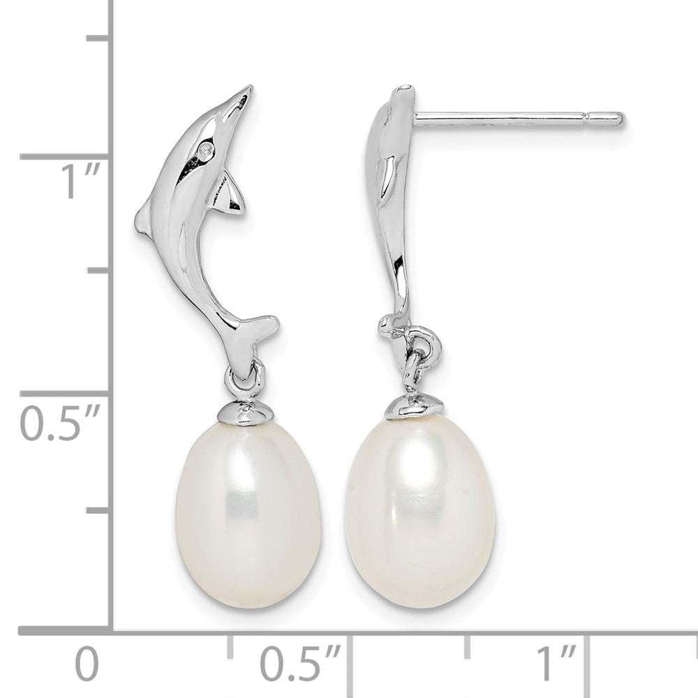 Sterling Silver Rhodium-plated 7-8mm White Rice FWC Pearl Dolphin Earrings