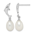 Sterling Silver Rhodium-plated 7-8mm White Rice FWC Pearl Dolphin Earrings