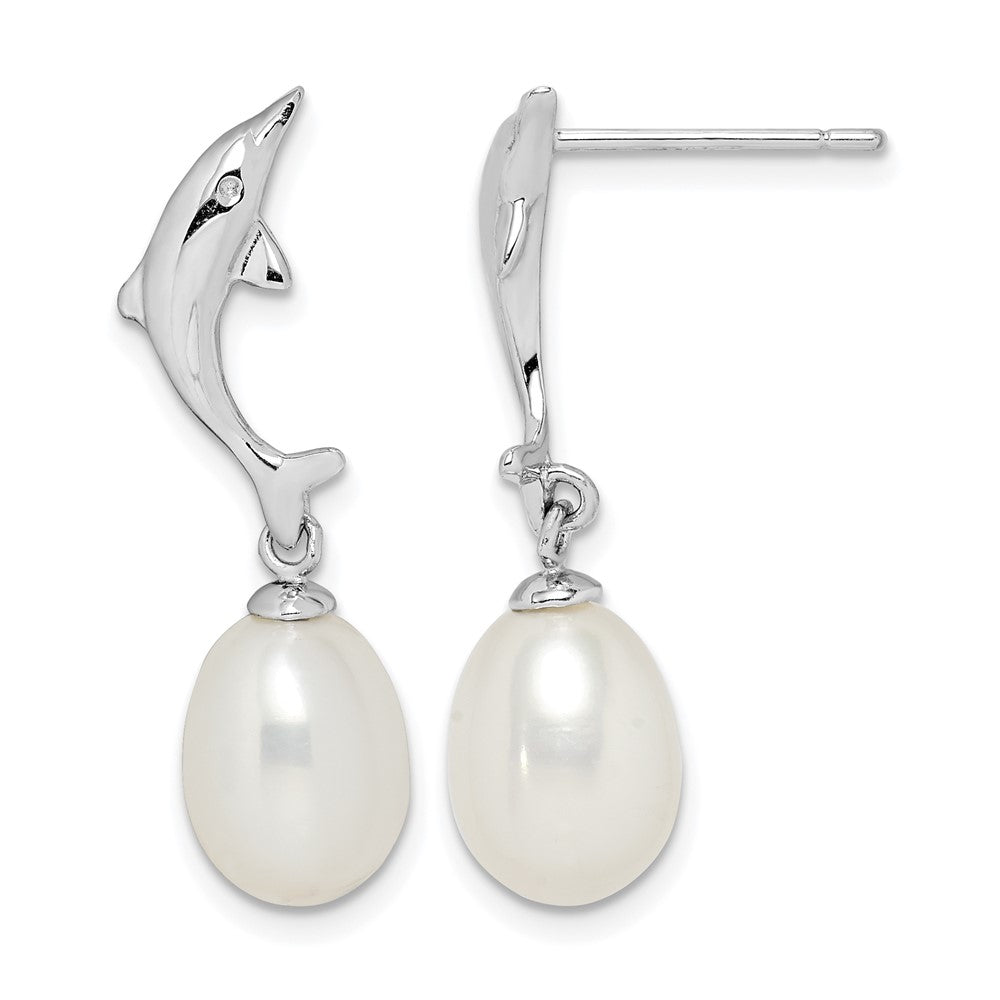 Sterling Silver Rhodium-plated 7-8mm White Rice FWC Pearl Dolphin Earrings