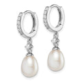 Sterling Silver Rhodium-plated 7-8mm FWC Pearl CZ Hoop Dangle Earrings