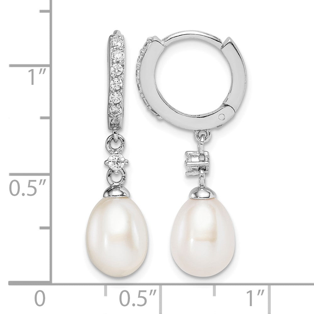 Sterling Silver Rhodium-plated 7-8mm FWC Pearl CZ Hoop Dangle Earrings