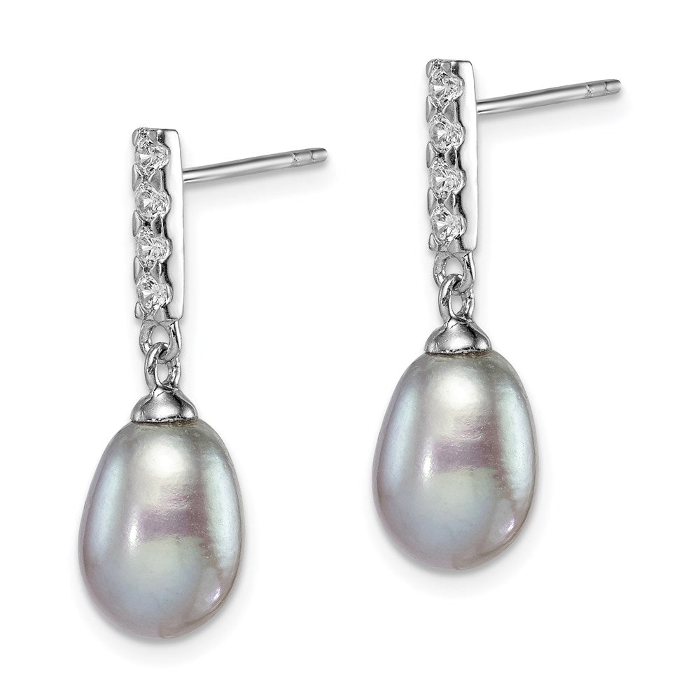 Sterling Silver RH-plated 8-9mm Grey FWC Pearl & CZ Post Dangle Earrings