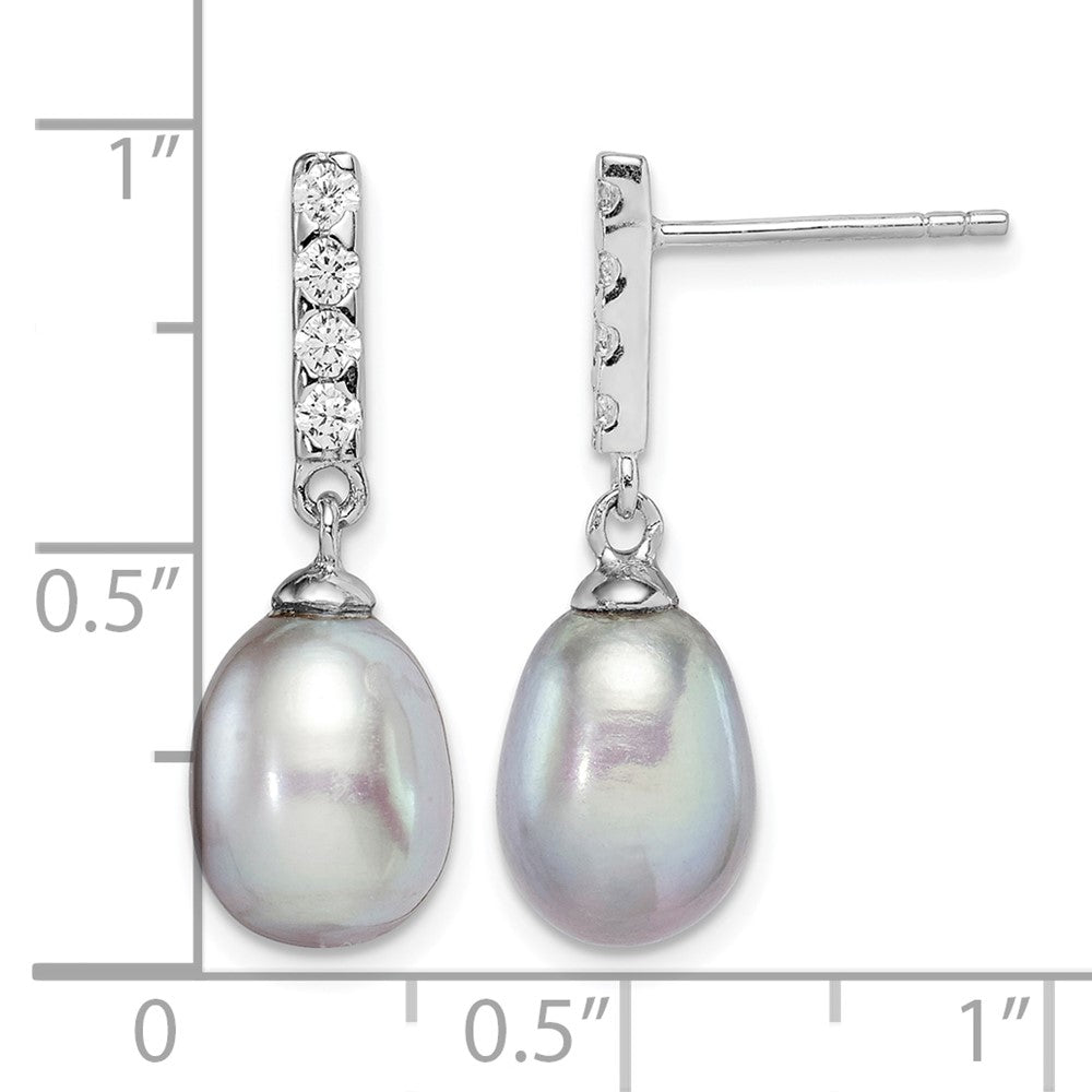 Sterling Silver RH-plated 8-9mm Grey FWC Pearl & CZ Post Dangle Earrings