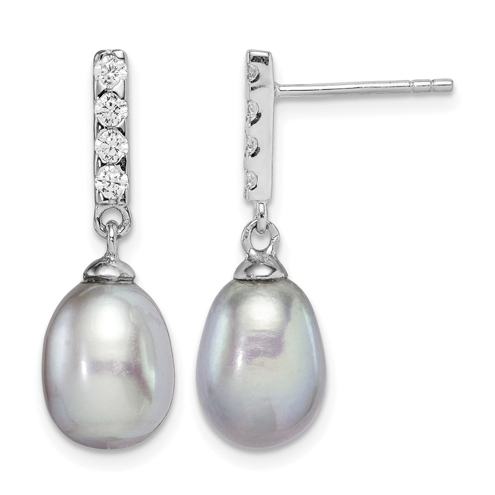 Sterling Silver RH-plated 8-9mm Grey FWC Pearl & CZ Post Dangle Earrings