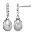 Sterling Silver RH-plated 8-9mm Grey FWC Pearl & CZ Post Dangle Earrings