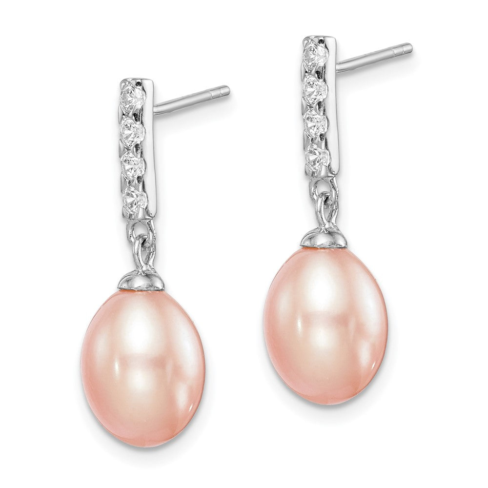 Sterling Silver RH-plated 8-9mm Pink FWC Pearl CZ Post Dangle Earrings
