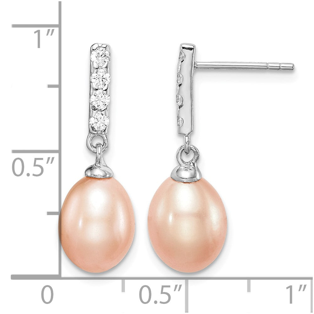 Sterling Silver RH-plated 8-9mm Pink FWC Pearl CZ Post Dangle Earrings