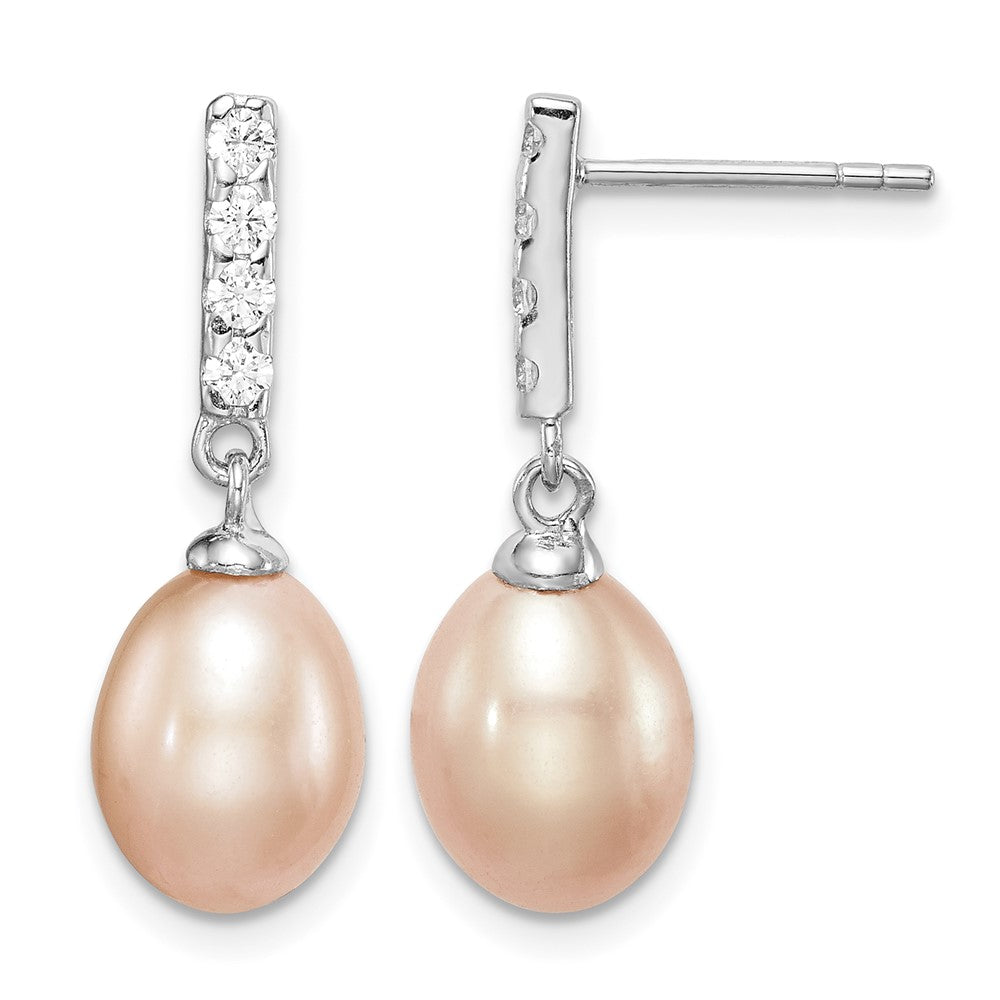 Sterling Silver RH-plated 8-9mm Pink FWC Pearl CZ Post Dangle Earrings