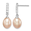 Sterling Silver RH-plated 8-9mm Pink FWC Pearl CZ Post Dangle Earrings
